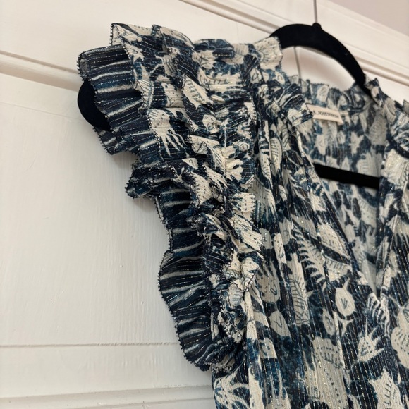 ULLA JOHNSON Dira‎ Top Indigo Metallic Ruffle Size 0 Flutter Sleeve Tassel Tie - Picture 7 of 16